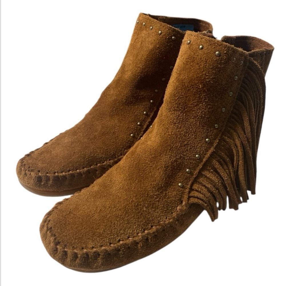 Minnetonka NWOT Moccasins Brown Suede Leather Fringed Studded Western Booties 7